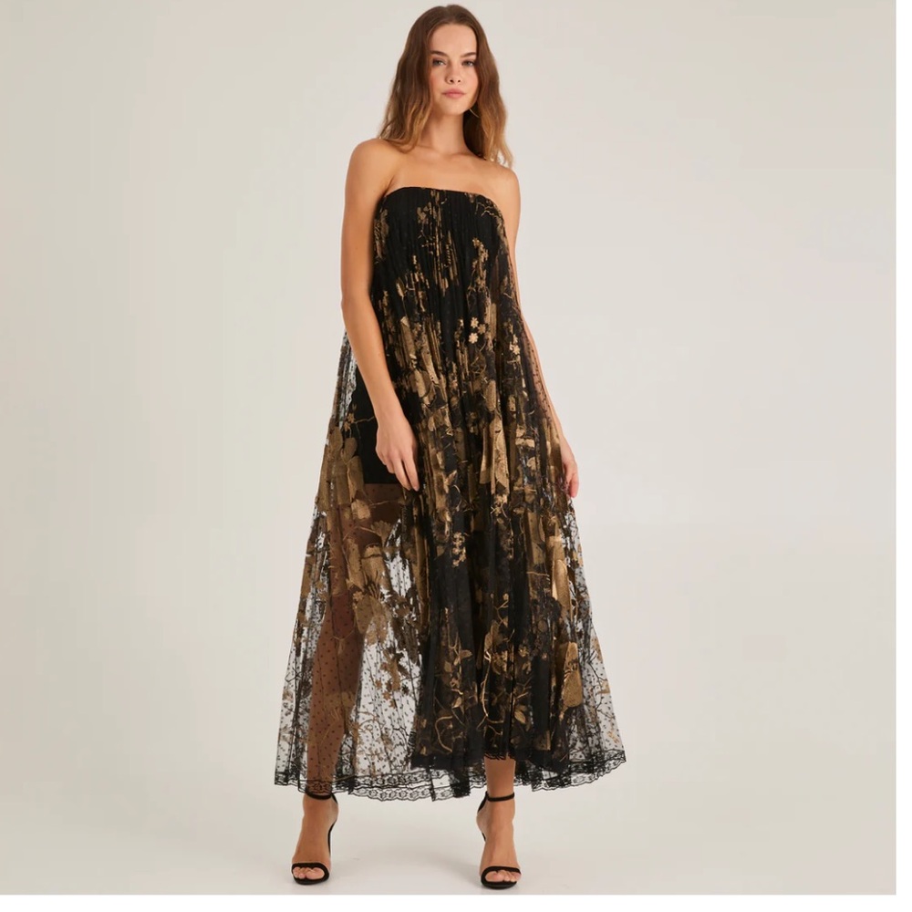 Helsi Delphine Maxi Black and Gold Strapless Lace Dress (Sz M, $795)